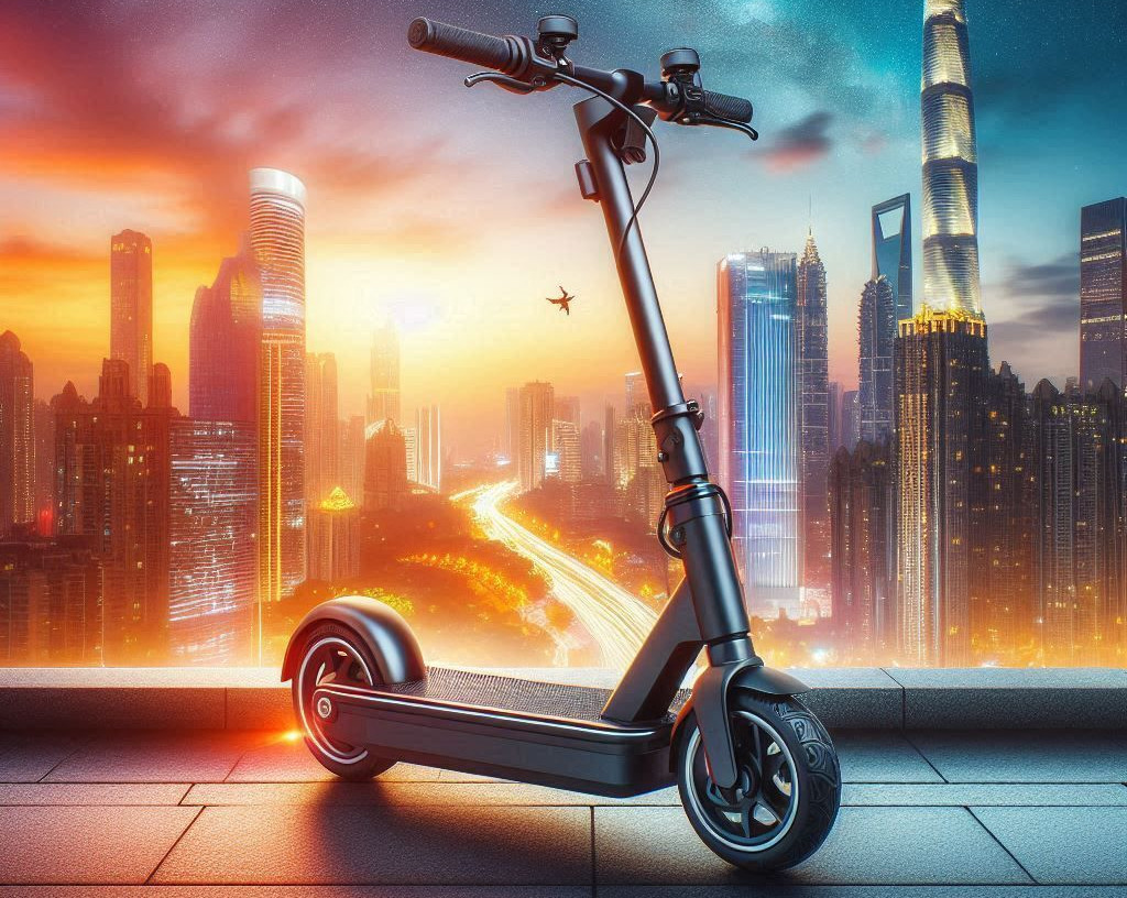 Scooter en la ciudad, diseño futurista en tonos azul y verde